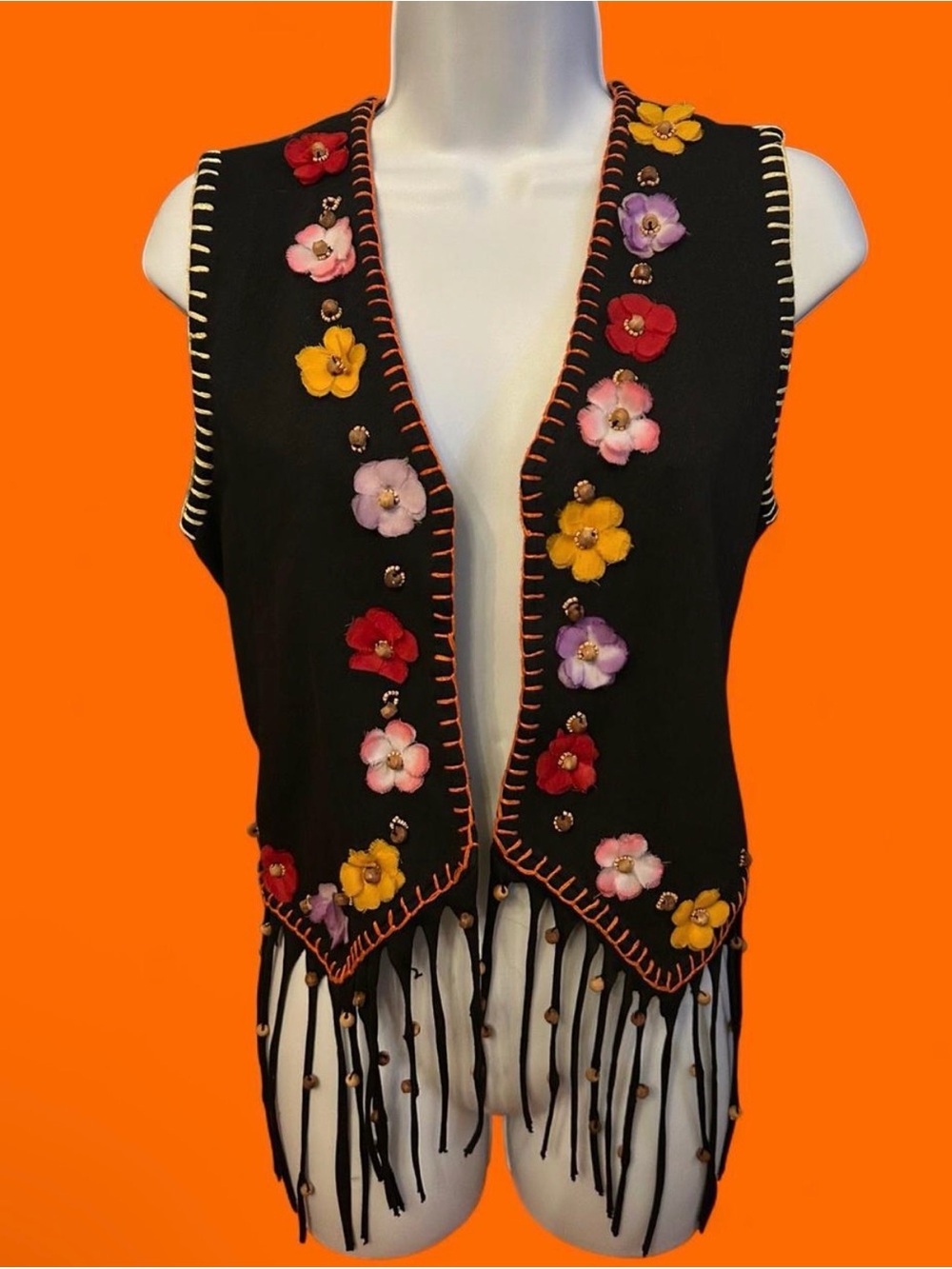 Vintage 90’s Black cowboy boho beaded fringe, 3D flowers, open vest